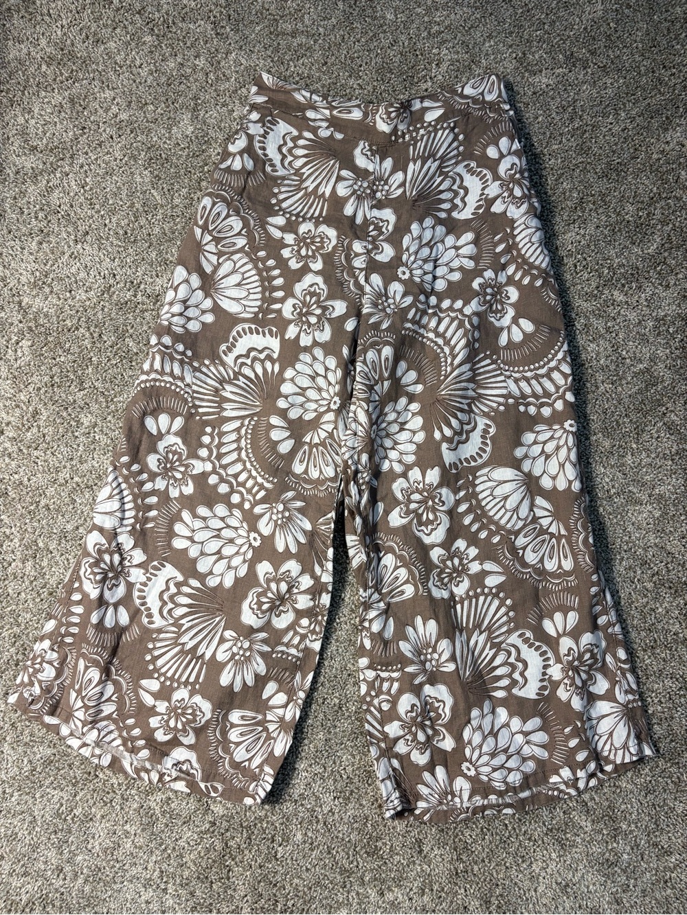 Rachel Zoe Women’s Brown & White Floral Linen Wide-Leg Cropped Pants Elastic